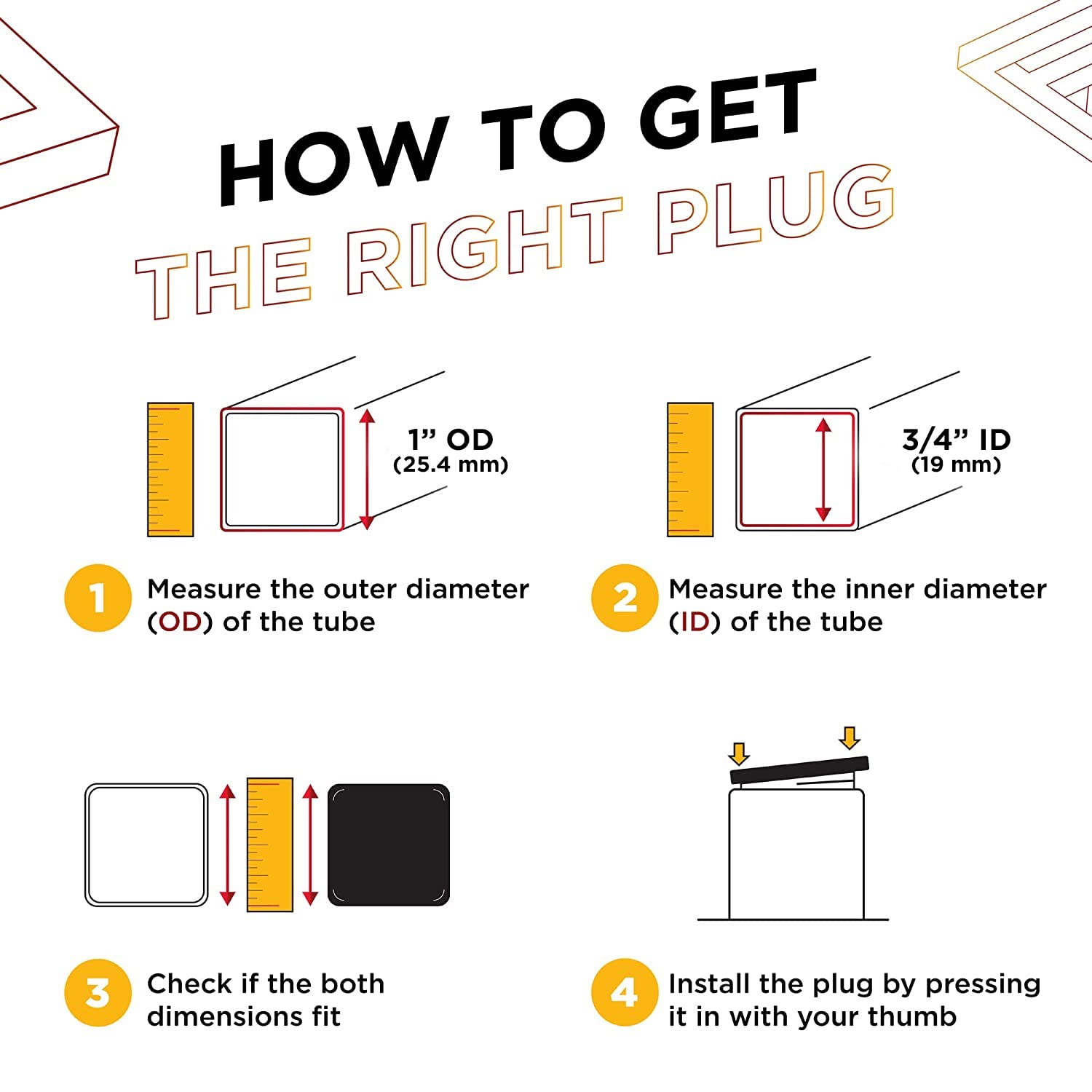 Genuine Caplugs Brand 1 inch Square Tubing End Package of (8) FOR 10-14 Gauge Square tubing